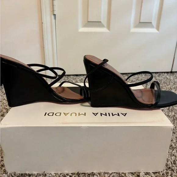 Amina Muaddi Black Stiletto Heels with Ankle Straps - Picture 2 of 8